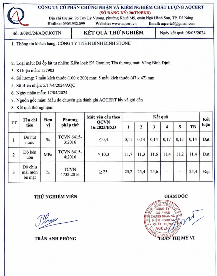Phiếu thử nghiệm AQCERT đá vàng Bình Định đạt QCVN 16:2023/BXD